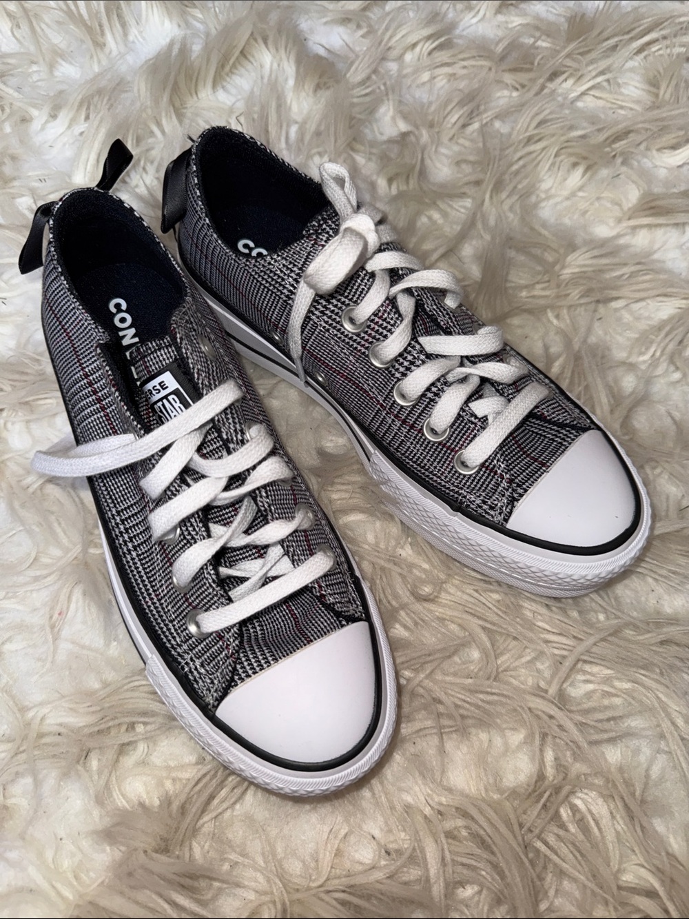 Converse Plaid Low-Top Sneakers in Black, White & Red Accent